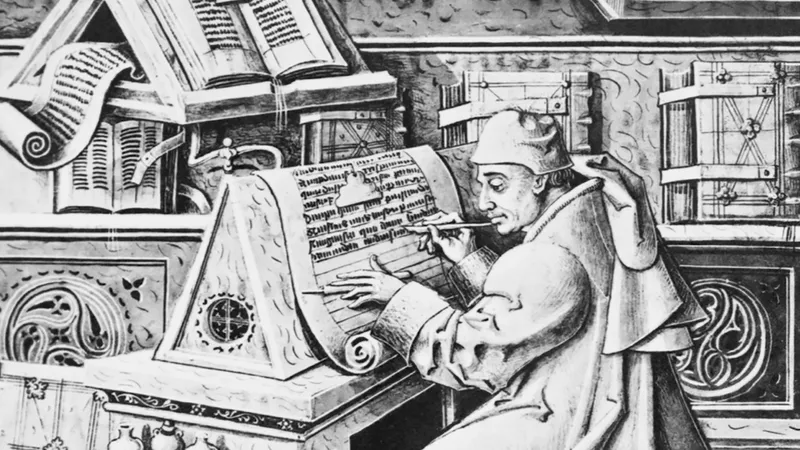 An illustration of a man writing at a desk, reflecting the era of Johannes Gutenberg and his movable type printing method.