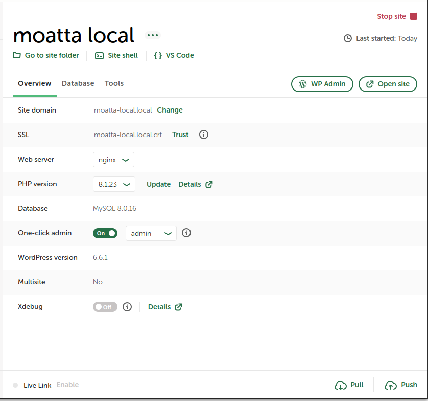 A dashboard UI displaying the moatta local website